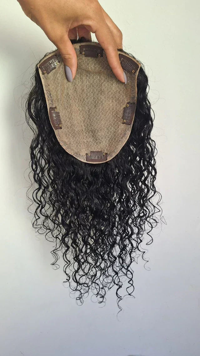 Curly Human Hair Topper - Free Part, Silk Base