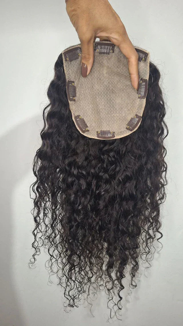 Curly Human Hair Topper - Free Part, Silk Base