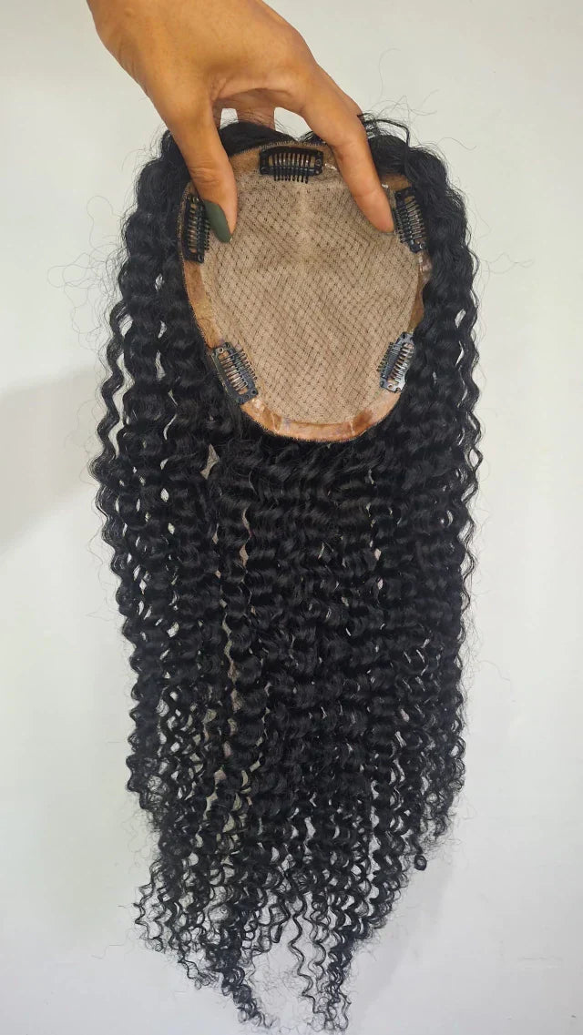 Curly Human Hair Topper - Free Part, Silk Base