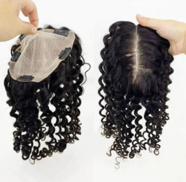 Curly Human Hair Topper - Free Part, Silk Base